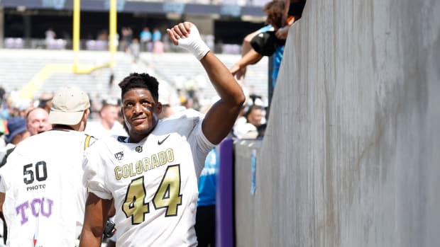 Colorado Buffaloes linebacker Jordan Domineck (44) celebrates after the game against the TCU Horned Frogs at Amon G. Carter Stadium
